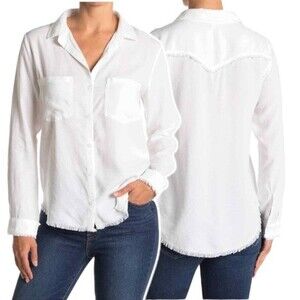 Anthropologie Cloth & Stone Frayed Hem Button Down Long Sleeve Shirt in White XS
